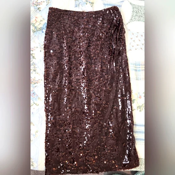 Sequin Brown Maxi Skirt Loft NWT sexy slit fits like 12 - Picture 1 of 4